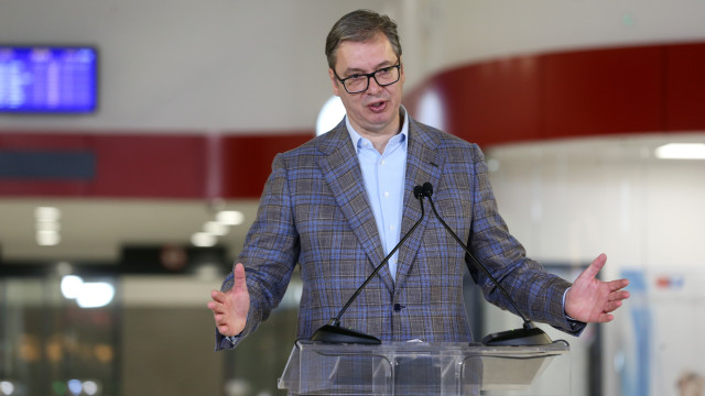 Serbian President Aleksandar Vucic speaks during the opening ceremony of the Belgrade Main train station in Belgrade, Serbia, 20 October 2023.